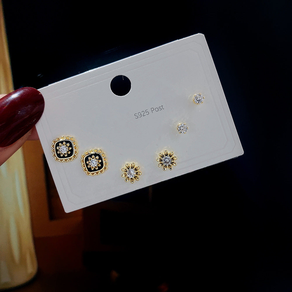 Women's Popular Sier Needle Ear One Card Three Pairs Suit Earrings