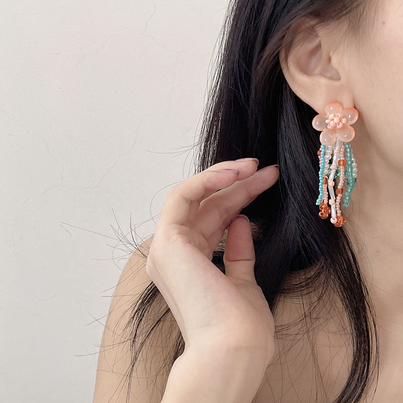 Women's Summer Contrast Color Flower Tassel Beaded Niche Earrings