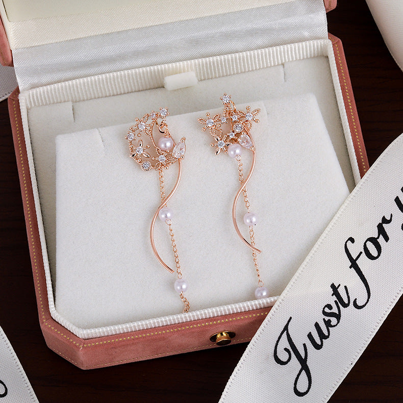 Women's Flower Sier Pin Elegant Long Fringed Earrings