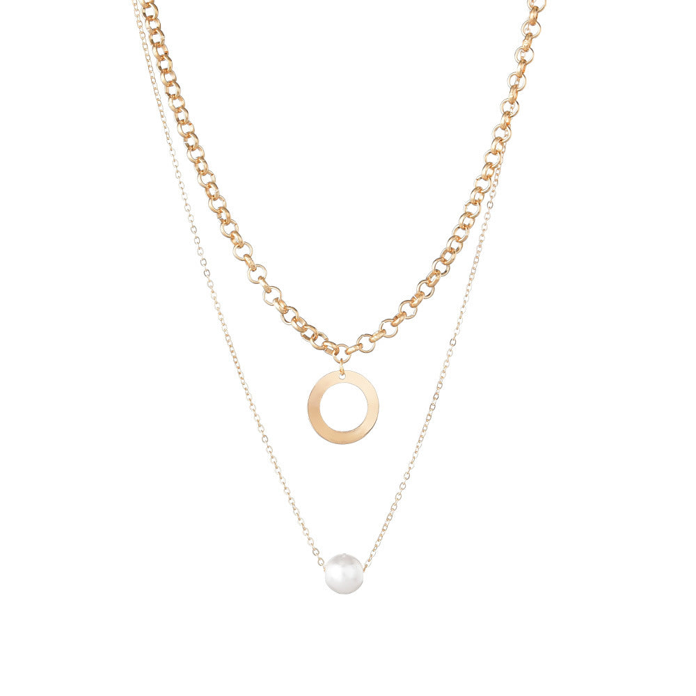Women's Personality Geometry Hoop And Pearl Pendant Stacked Necklaces