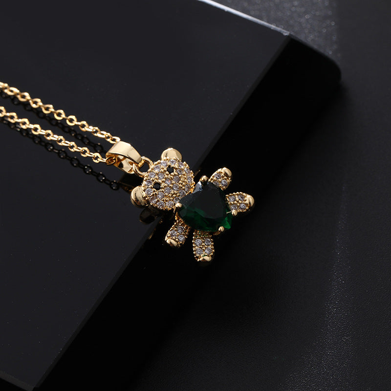 Copper Micro Inlaid Zircon Ornament Cute Heart Bear Pendant Necklaces