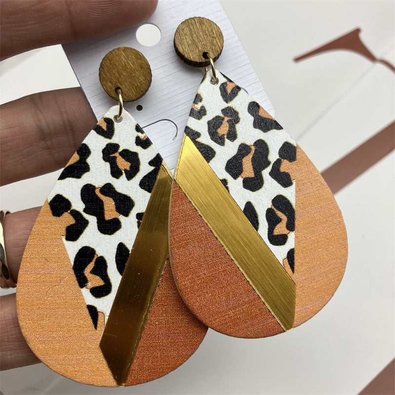 Pretty Exaggerated Leopard Print Wooden Vintage Earrings