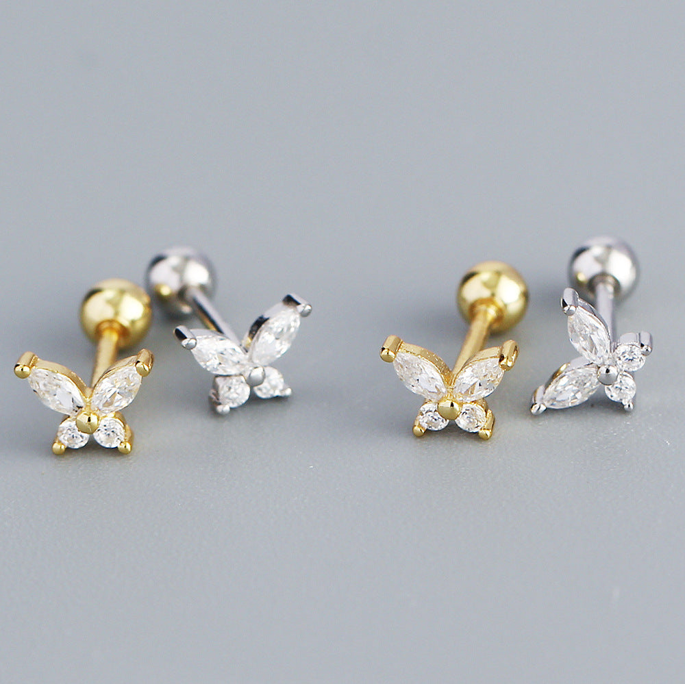 Women's Sier Super Flash Butterfly Zircon Screw Earrings