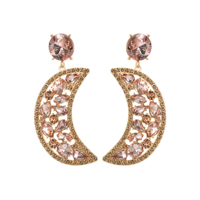 Crescent-shaped Alloy Colorful Crystals Eardrops Moon Earrings
