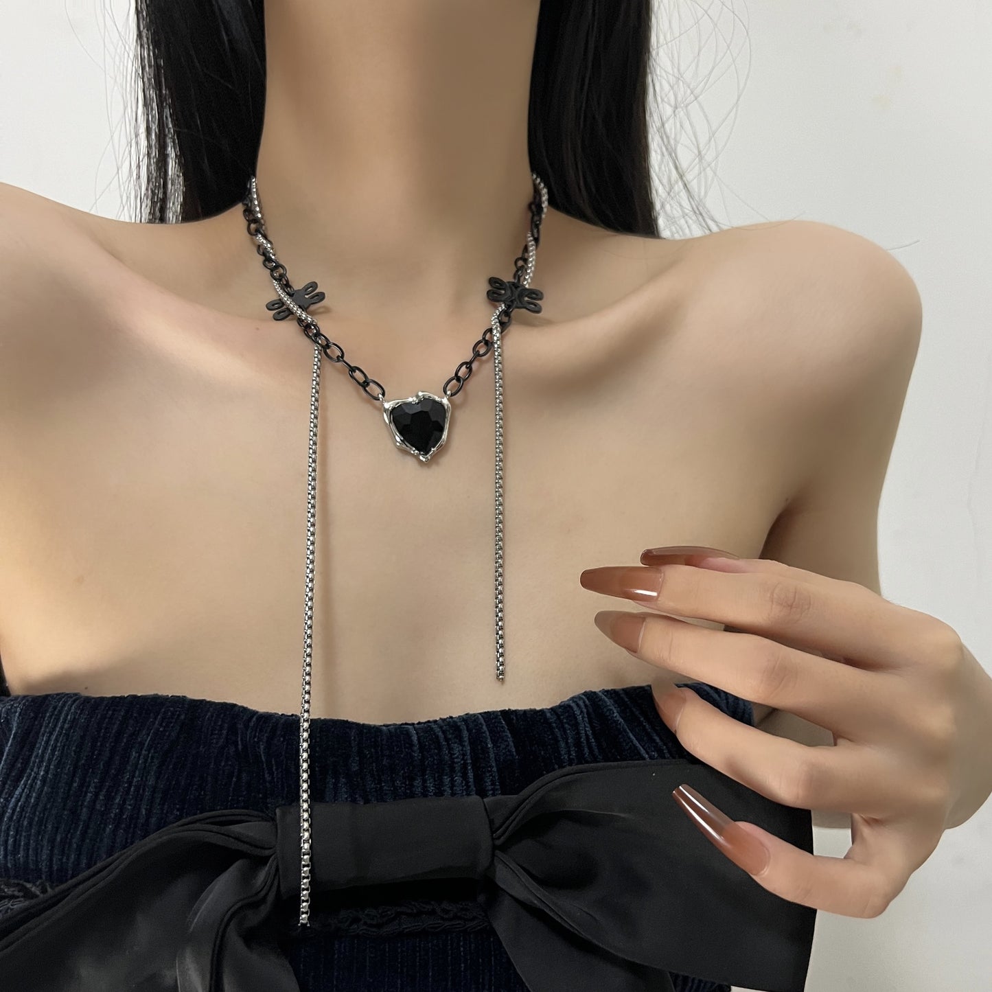 Cool Black Peach Heart Cross Double Layer Female Personality Necklaces