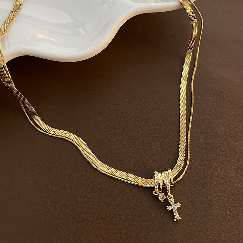 Elegant Rhinestone Inlaid Cross Sweet Cool Style Exquisite Niche Zircon Necklace