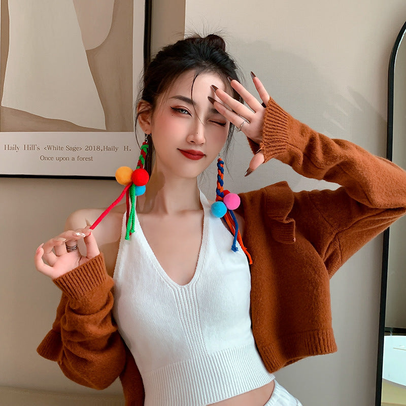 Hairy Ball Funny Quirky Long Asymmetric Earrings