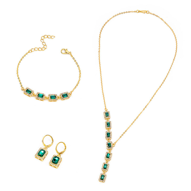 Full Rhinestone Square Emerald Colored Gems Suit Yellow Pink Necklaces