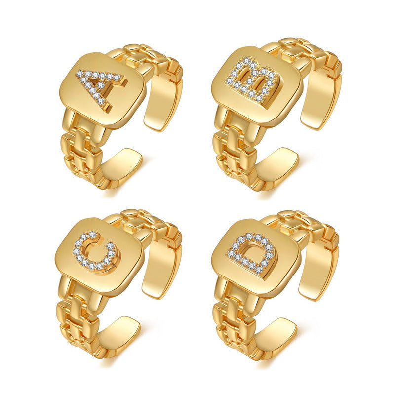 Accessories Letter Series Gold-plated Zircon Strap Rings