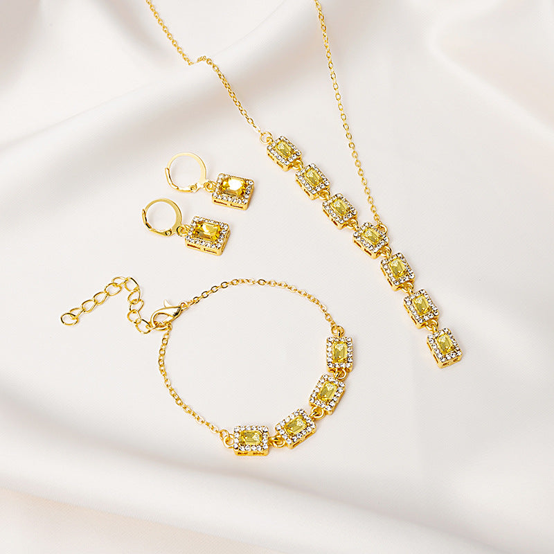 Full Rhinestone Square Emerald Colored Gems Suit Yellow Pink Necklaces