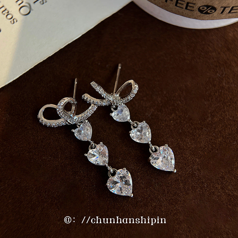Women's Bow Loving Heart Zircon For Light Luxury Minority Design High-grade Earrings