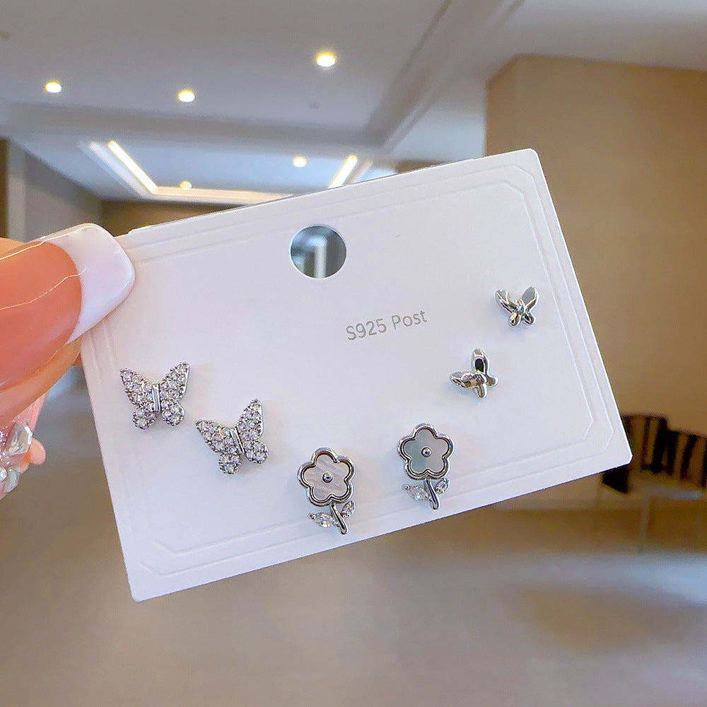 High-grade One Card Three Sier Suit Earrings