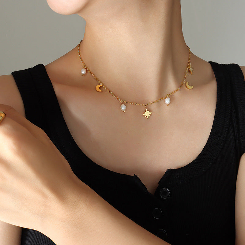 Women's Star Moon Natural Freshwater Pearl Tassel Necklaces