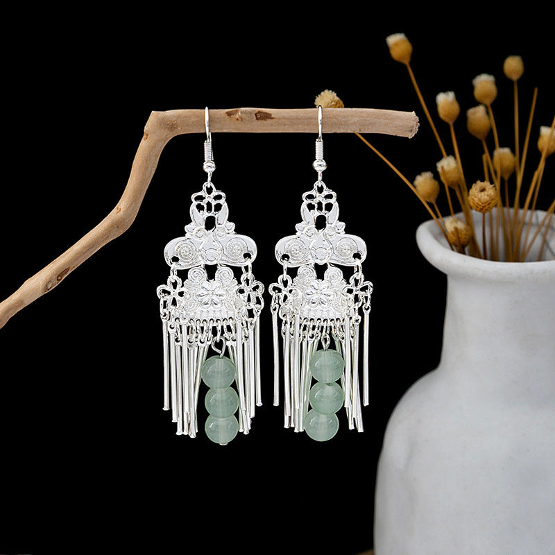 Sier Minority Ethnic Style Chinese Long Fringe Earrings