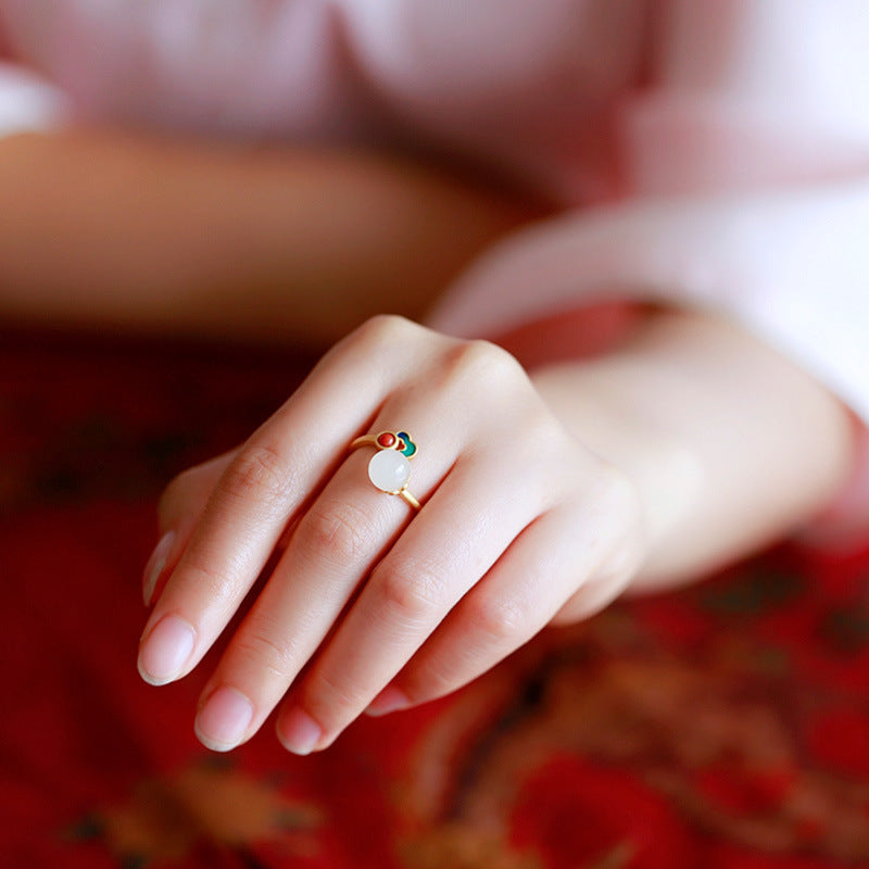Vergoldete natürliche Jade-Emaille-Ringe für Damen im antiken Stil