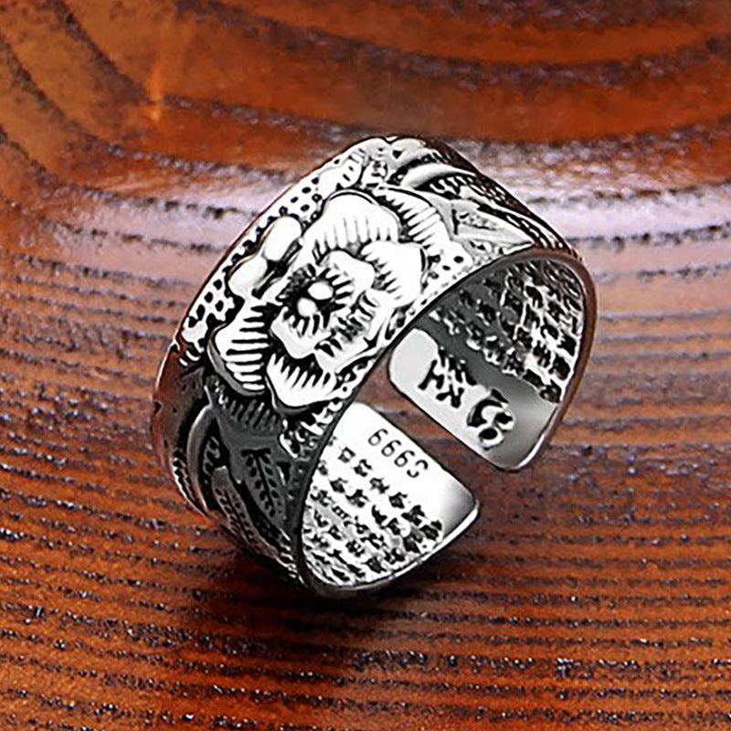 Women's & Men's Thai Sier Distressed Ornament Lotus Open Heart Sutra Rings