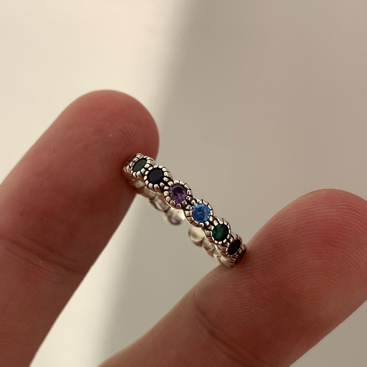 Women's Sterling Sier Retro Rainbow Colorful Open-end Zircon Light Rings