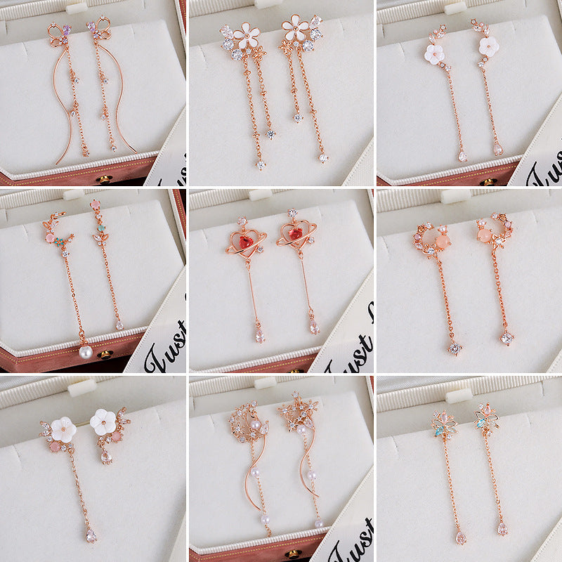 Women's Flower Sier Pin Elegant Long Fringed Earrings