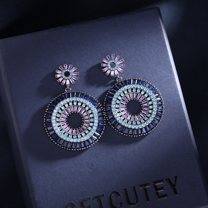 Exaggerating Female Retro Blue Gradient Pink Zircon Earrings