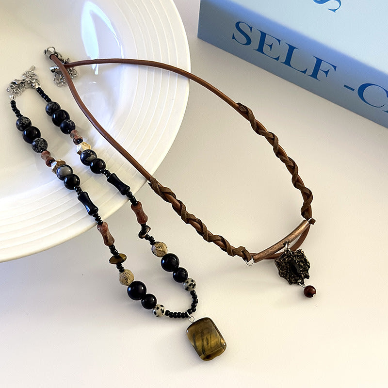 Chaîne de clavicule perlée en œil de tigre naturel, colliers anciens féminins