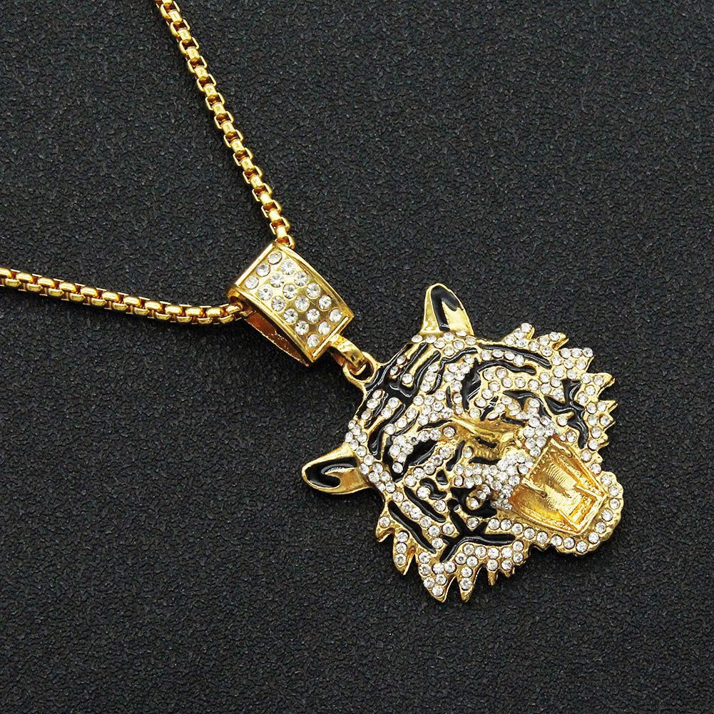 Colliers avec pendentif tête de tigre tridimensionnelle en diamant pour femmes, hommes et diamants