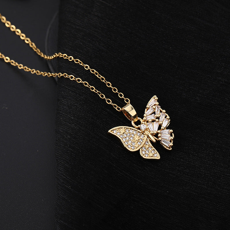 Square Zircon Butterfly Pendant Personality Trendy Style Temperament Necklaces