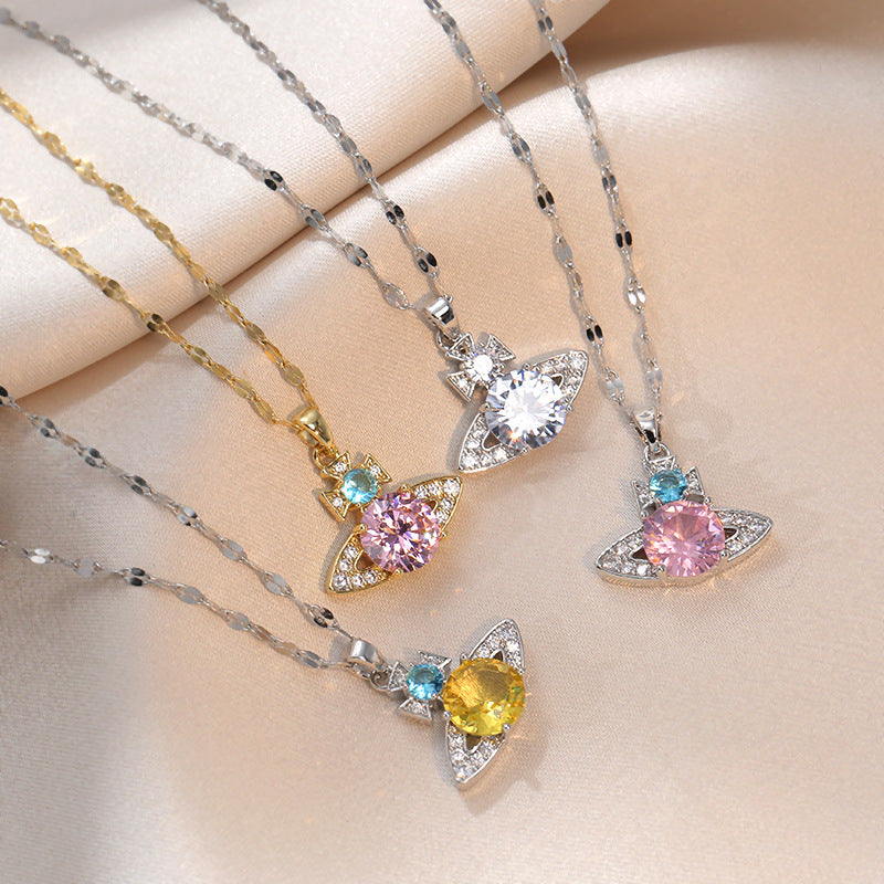 Saturn Light Luxury Colorful Crystals Zircon Tears Drop Pendant Necklaces