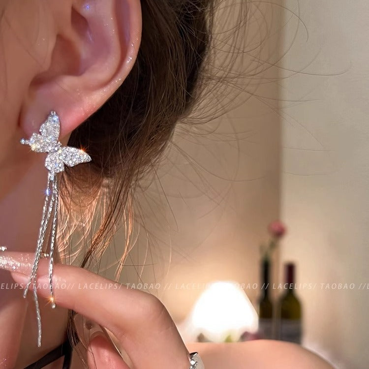 Ice Butterfly Dancing Asymmetric Tassel Female Earrings