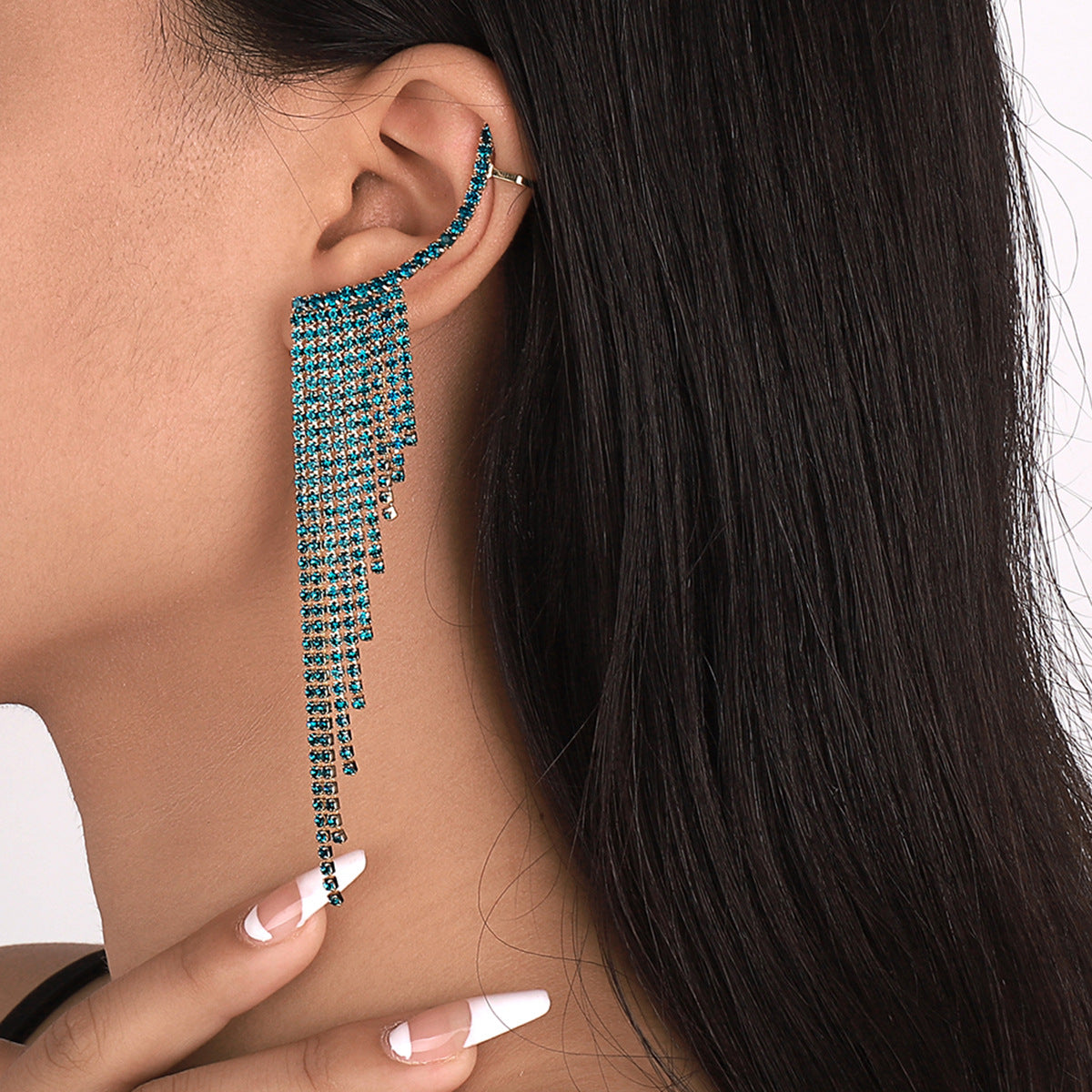 Tassel Rhinestone Auricular Needle Geometric Banquet Earrings