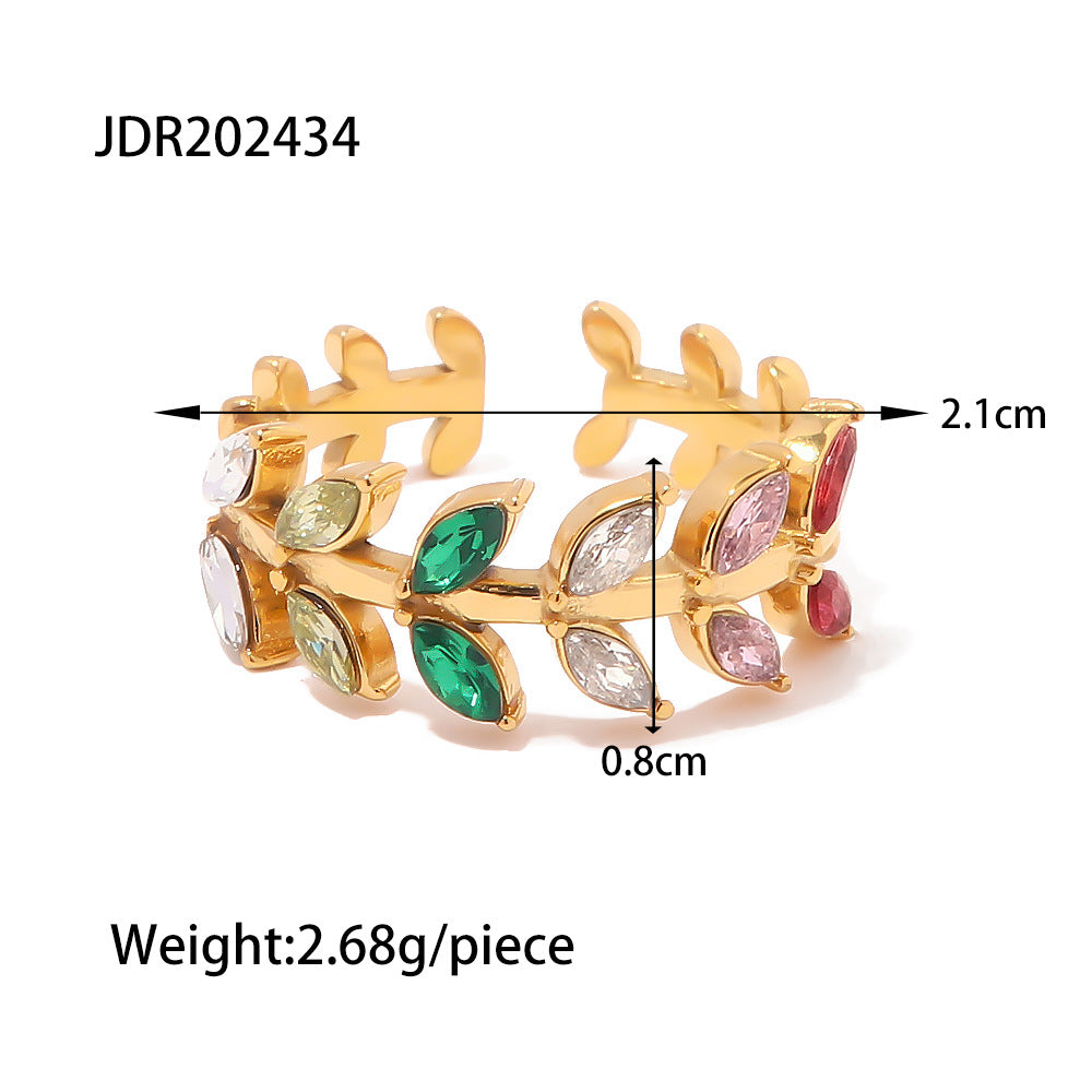 Titanium Steel Gold Stainless Leaf-shaped Inlaid Rings