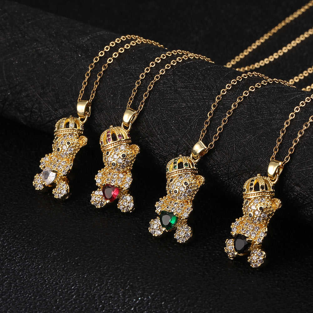 Colorful Crown Lovely Bear Pendant Copper Necklaces