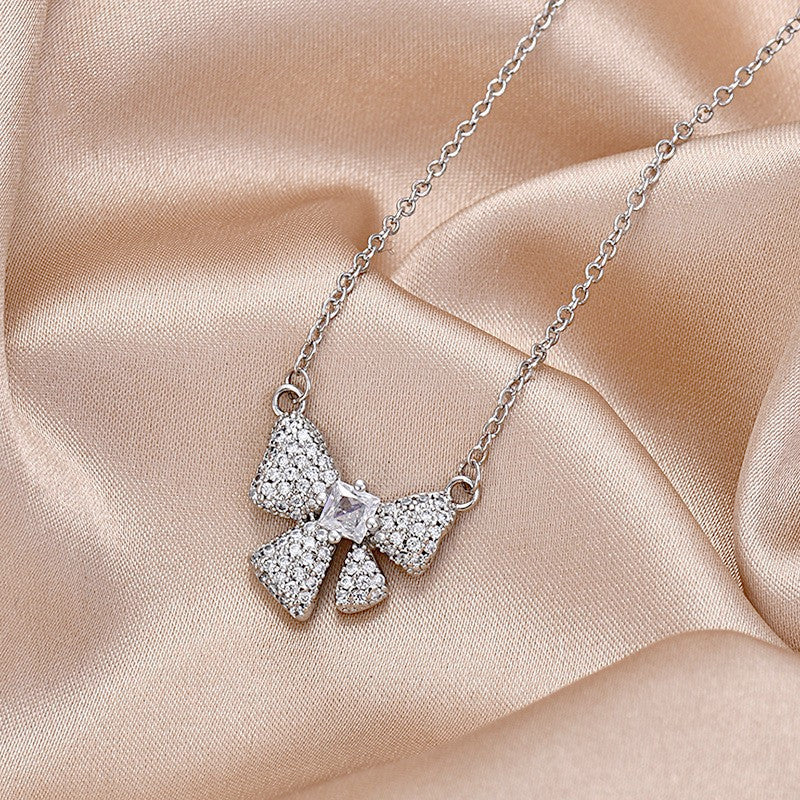 Pink Zircon Pendant Full Diamond Bow Fashion Necklaces
