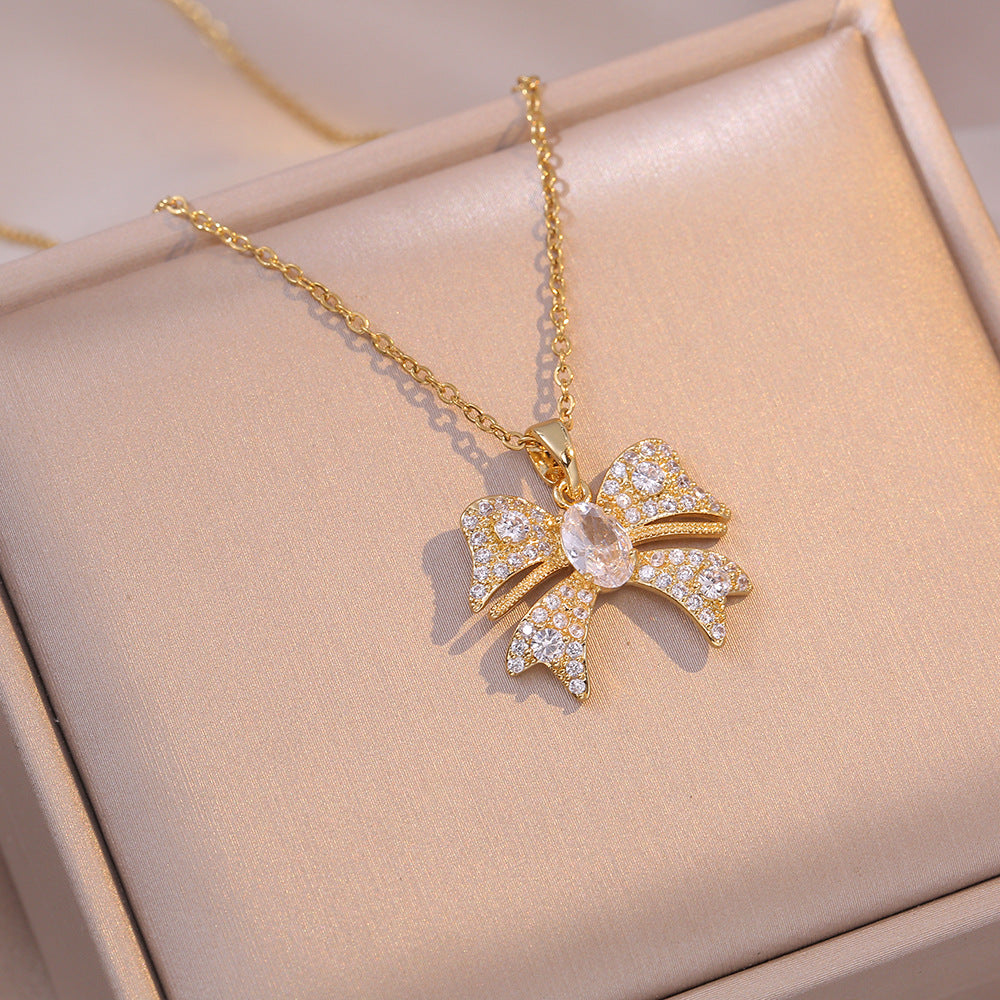 Female Minimalist Bowknot Zircon Light Luxury Necklaces