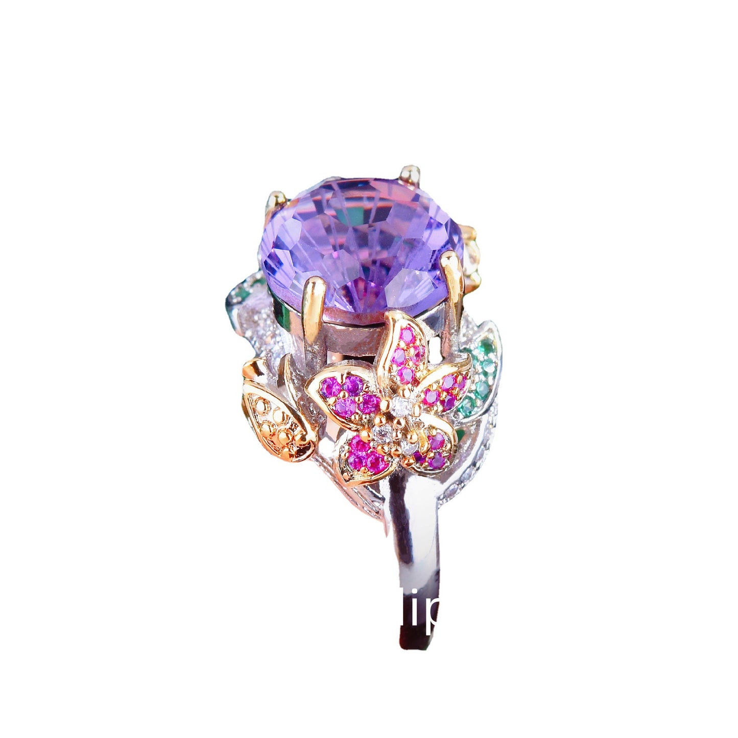 Gold Craft Fireworks Cut Purple Diamond Colorful Flowers Rings