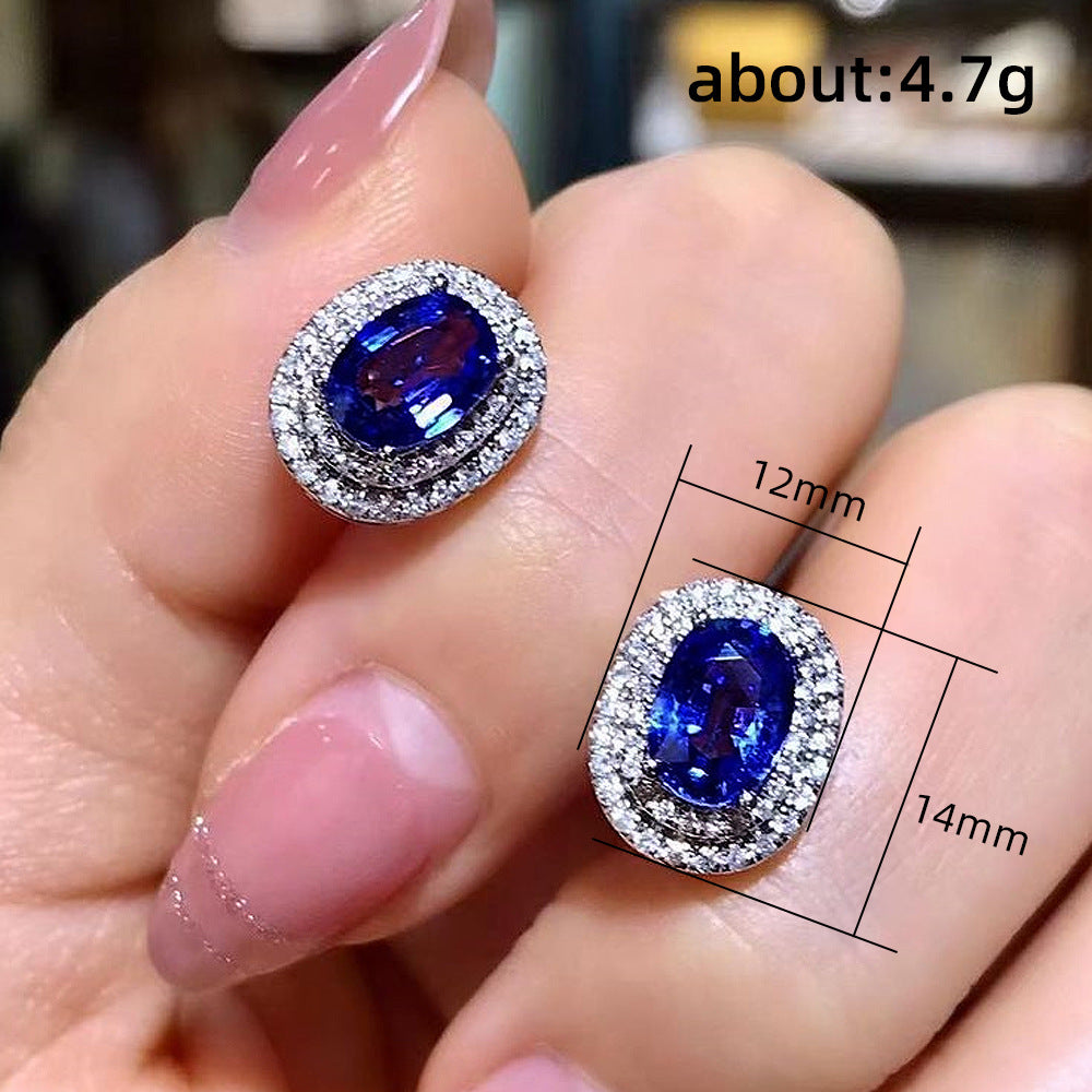 Women's Shi French Retro Sapphire Blue Oval Zircon Earrings