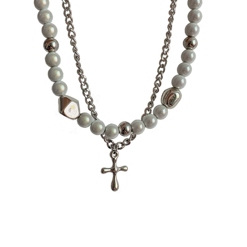 Pendentif croix femme réfléchissant perle couture Double couche colliers hauts