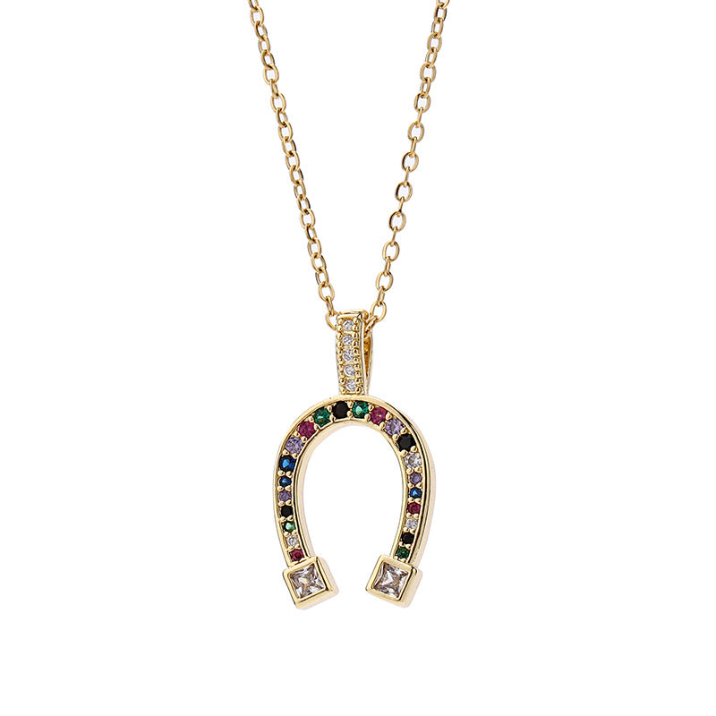 Design Horseshoe Color Zircon Pendant Copper Micro Inlaid Gold-plated Necklaces