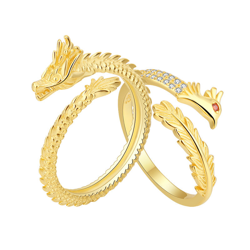 Bagues à index ouvert Pure Sier Dragon Couple Phoenix