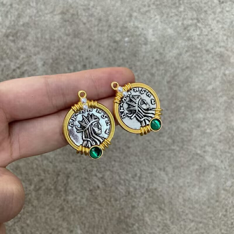 Women's French Retro Antique Coin Series Green Opal Earrings