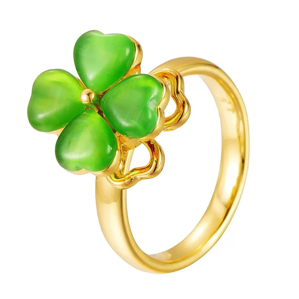 Korean Exquisite Rotatable Green Opal Four-leaf Clover Female Adjustable Ring