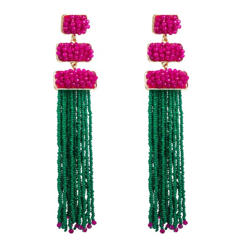 Exaggerated Dramatic Bohemian Bead Tassel Wedding Style Earrings