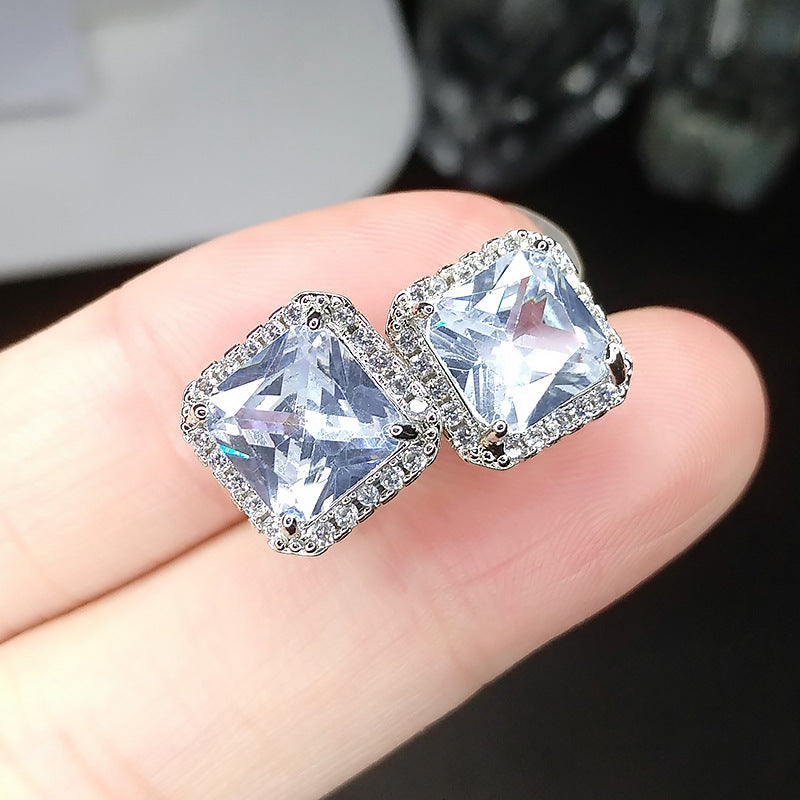 Women's Princess Cut Square High-grade Imitation Ice Blue Earrings