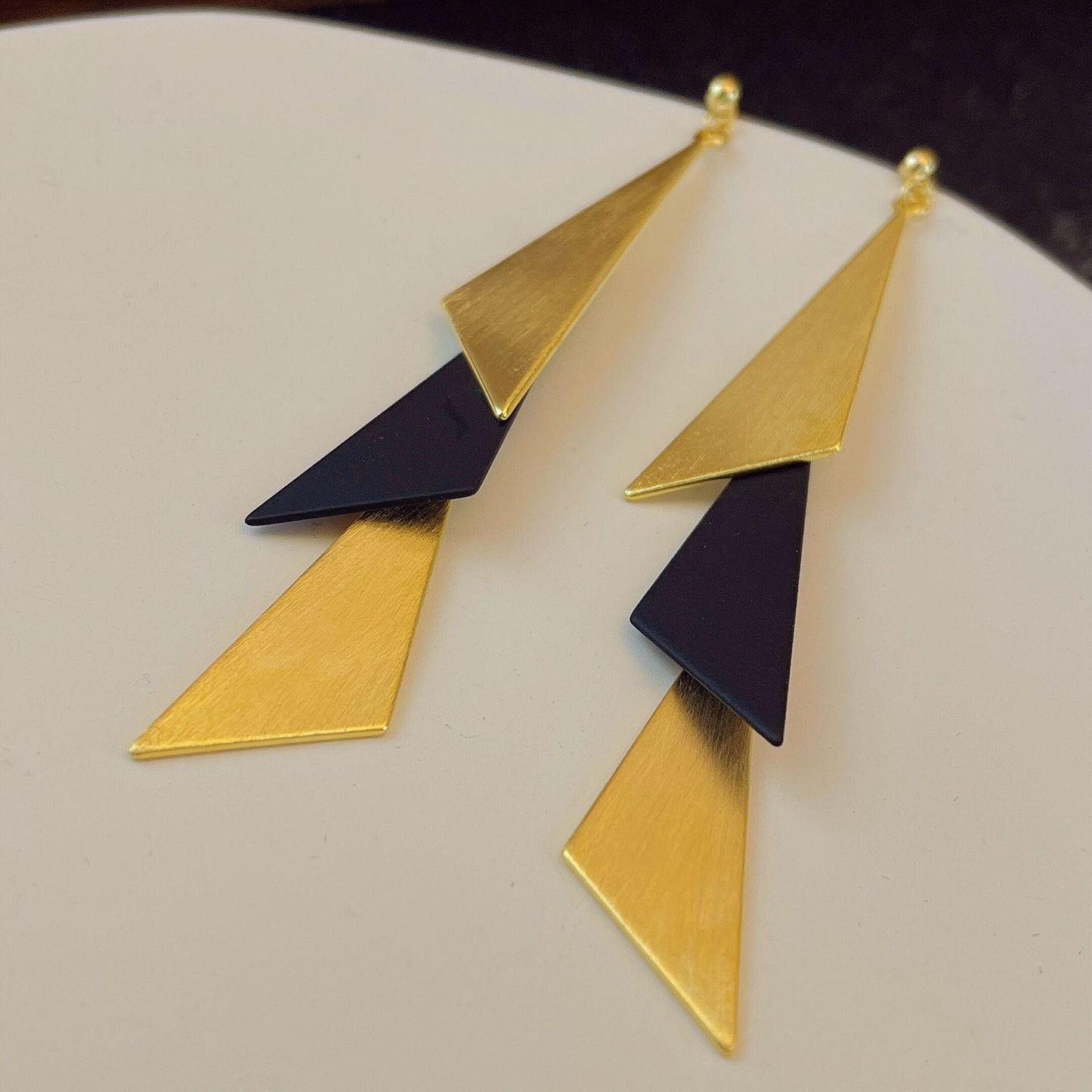 Women's Style Gold Brushed Black Triangle Elegant Earrings