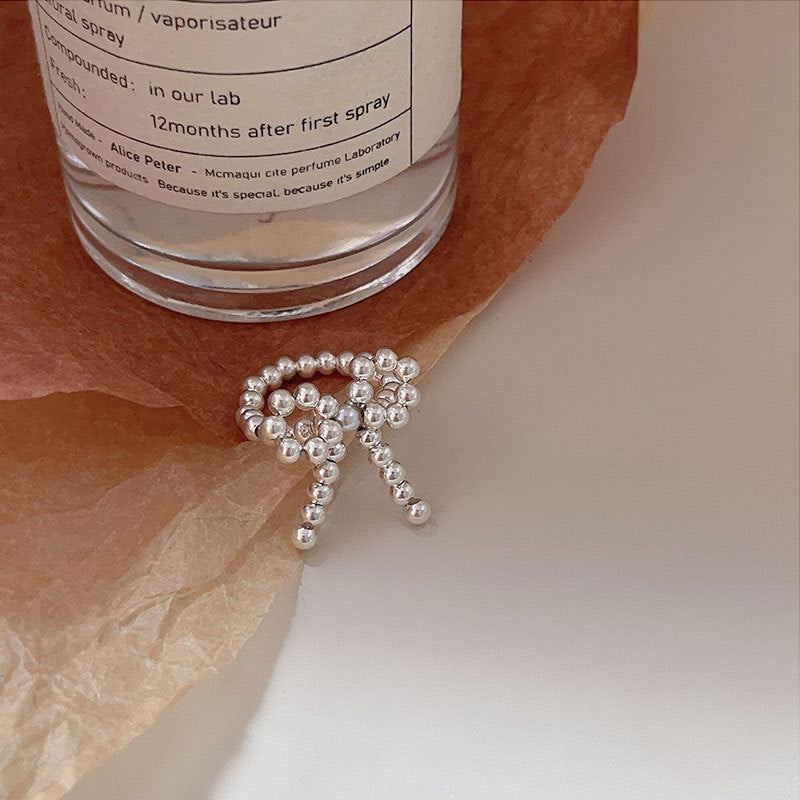 Women's Sier Stretch Round Beads Bow Personality And Fashion Rings