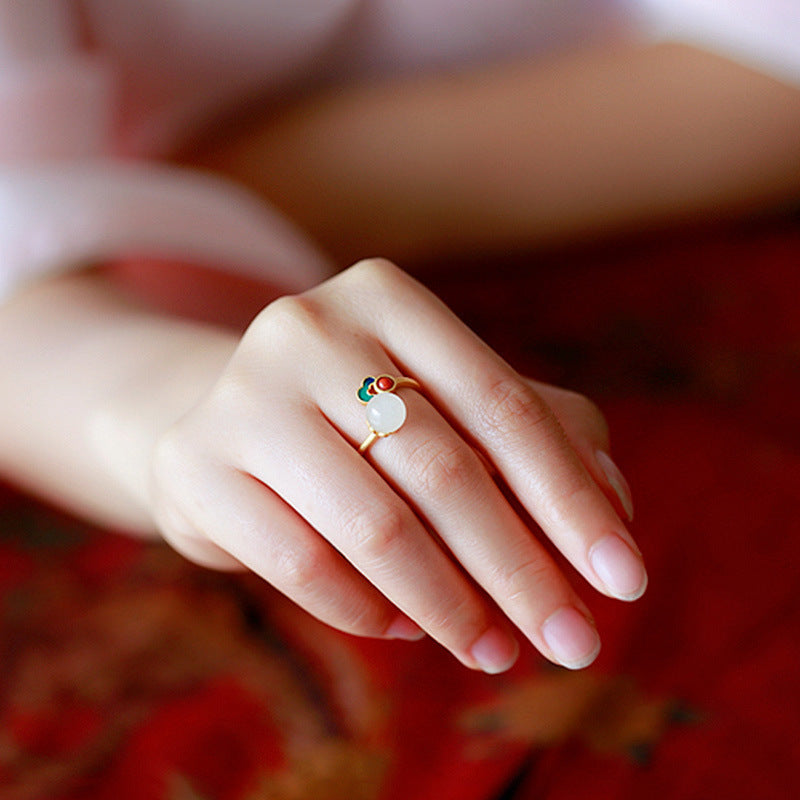 Vergoldete natürliche Jade-Emaille-Ringe für Damen im antiken Stil