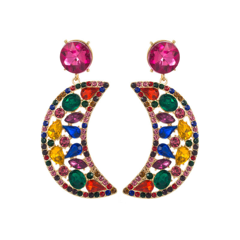 Crescent-shaped Alloy Colorful Crystals Eardrops Moon Earrings
