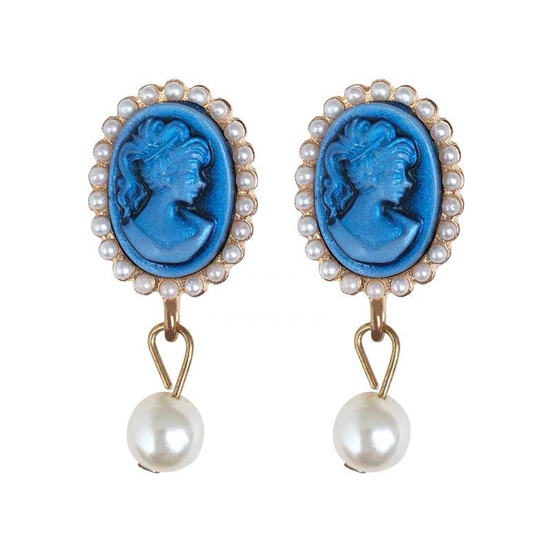 Vintage Blue Portrait Pearl Baroque Court Earrings