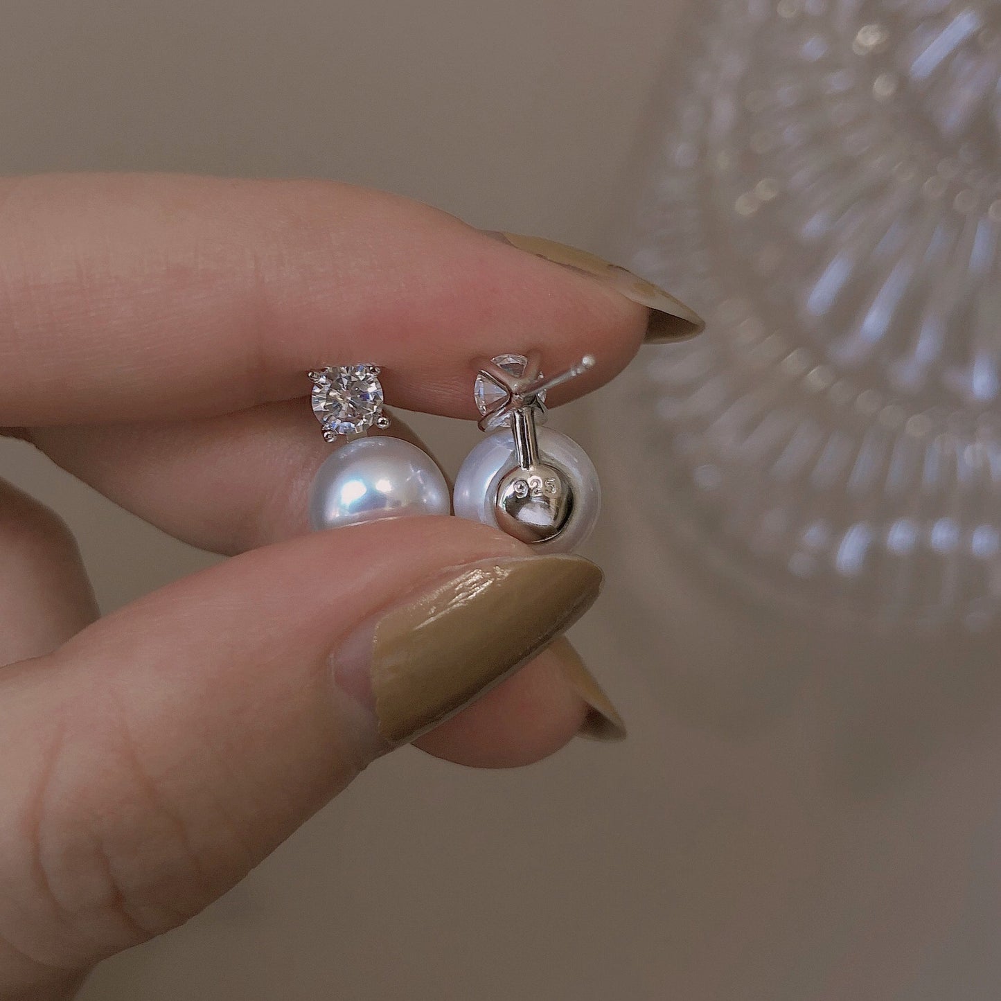 Sier Single Rhinestone Pearl Small Ear Temperament Earrings