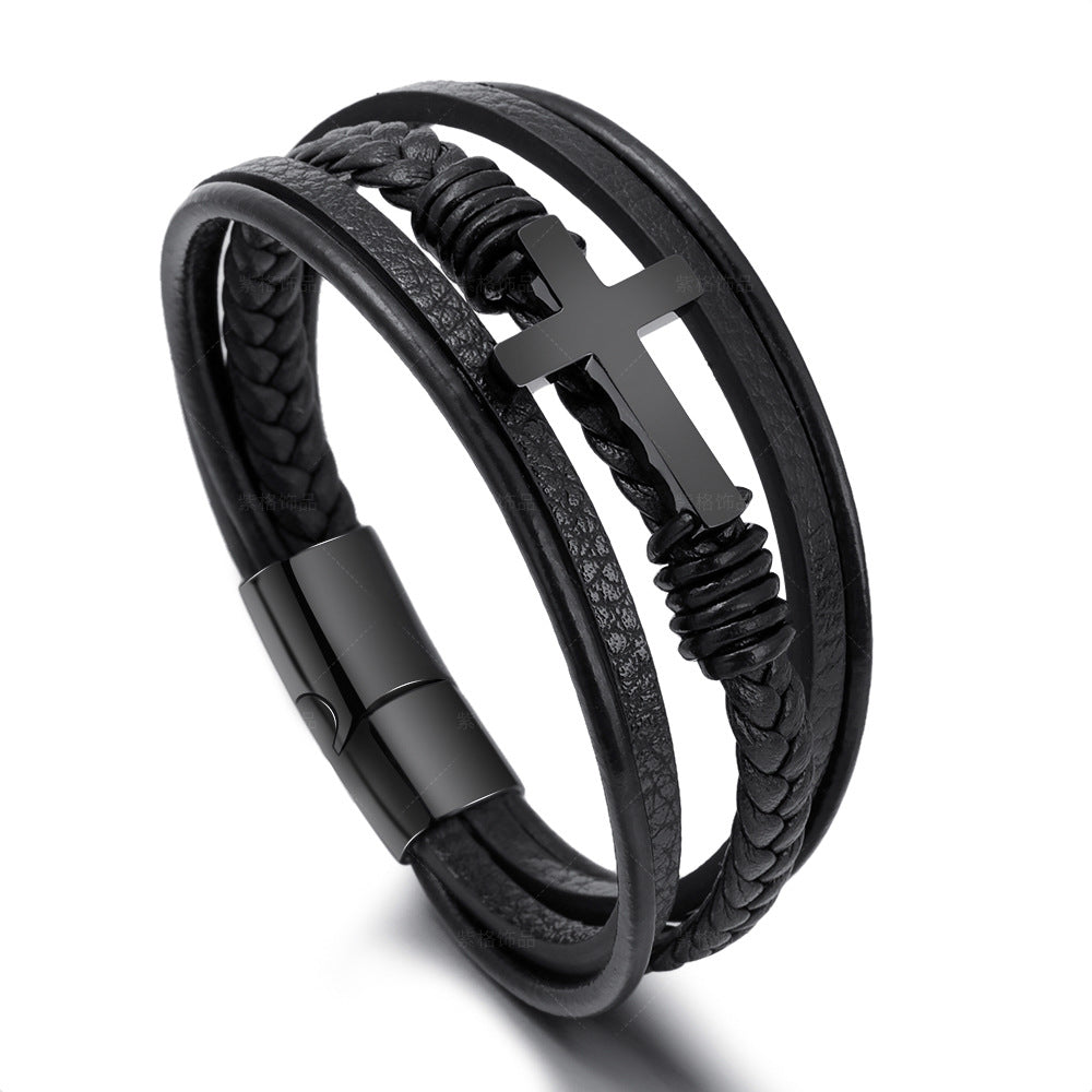 Herren-Armbänder aus gewebtem, handgefertigtem Leder mit Magnetverschluss und Kreuz aus Edelstahl