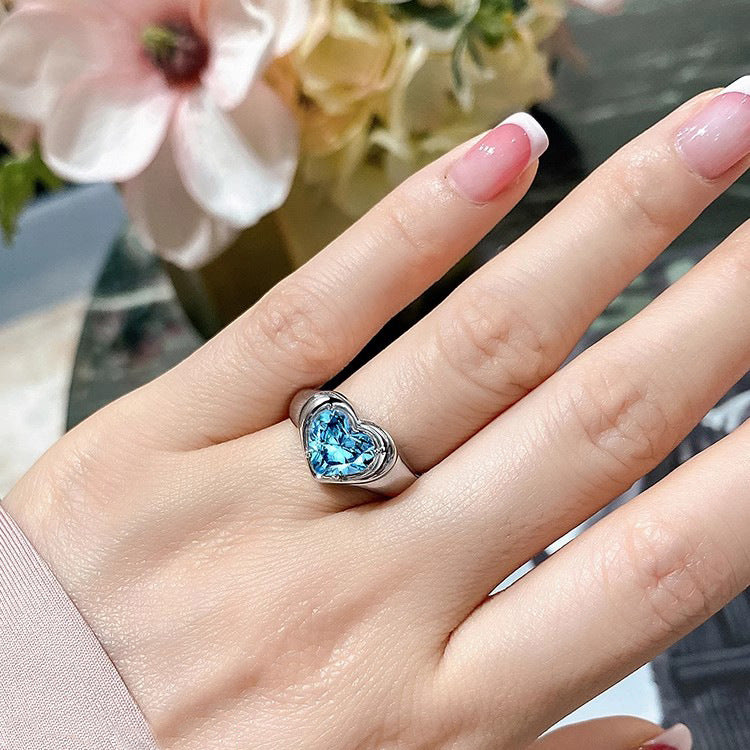Women's Heart-shaped Colored Gems 2 Karat Blue Diamond Aquamarine Artificial Niche Jewelry Set